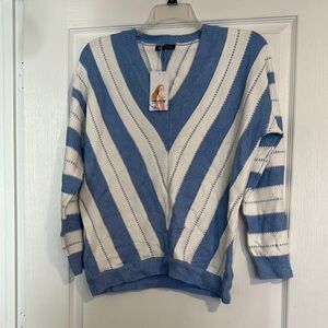 Blue and White Striped Women's Sweater PrettyGarden